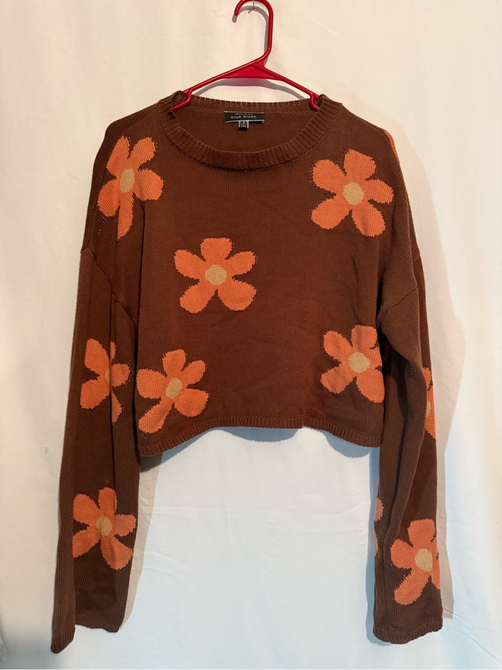 Blue Blush Brown Orange Daisy Floral Cropped Sweater Women’s S 70s Y2K